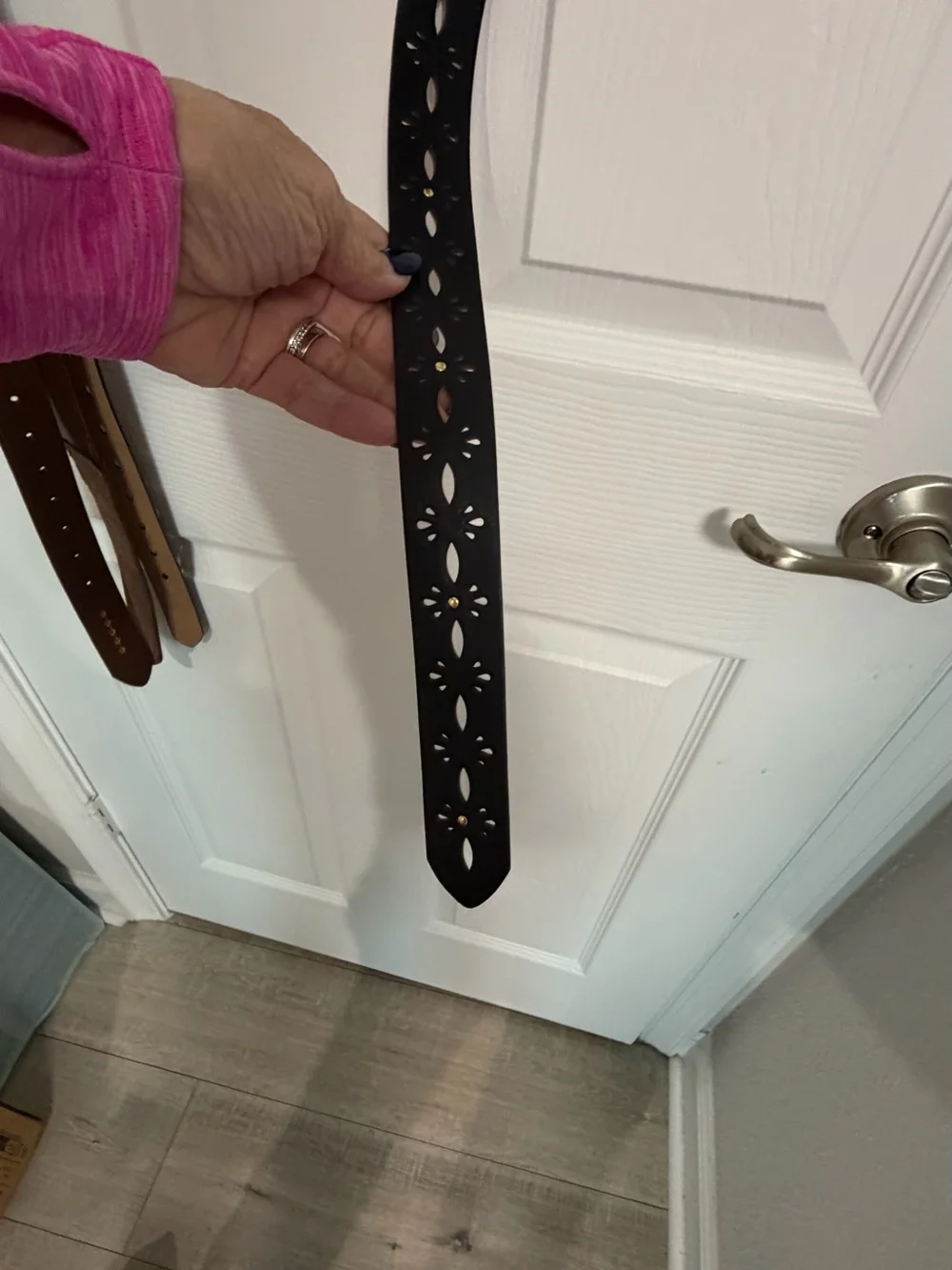 New Women's Black Laser-Cut Leather Belt with Gold Buckle